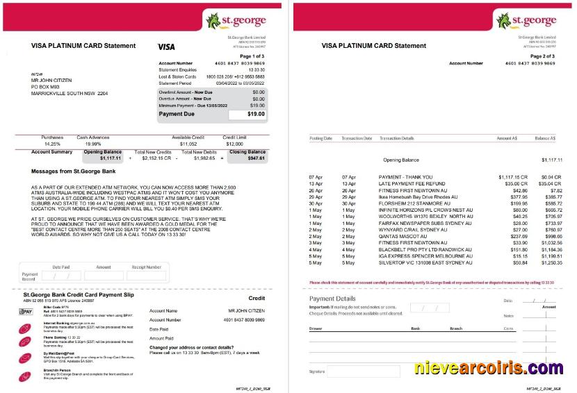 USA St. George bank visa card statement 3 pages